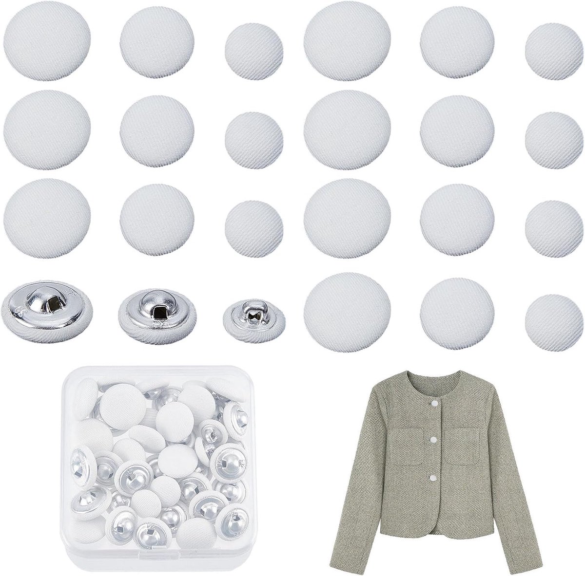 40 stuks 18 mm / 15 mm / 11,5 mm smoking-knopen van satijn, voor mantels met metalen schacht, witte knopen met stoffen bekleding voor jas, mantel, blouse, jeans