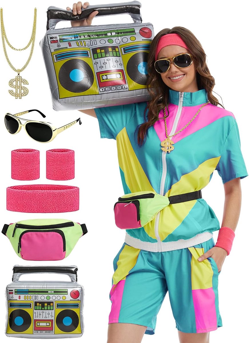 80-jaren 90 verkleedpak voor dames, kleurblok, 2-delig trainingspak met korte mouwen, feestoutfit voor Halloween en carnaval