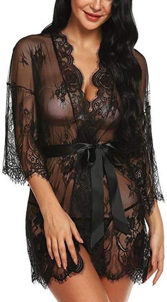 Erotic Sleepwear Women'S Erotic Baby Dolls Women Babydoll Sexy Lingerie Kimono Bathrobe With Belt Perspective Lace Erotic Sleepwear Female See-Through Temptation Nightgown