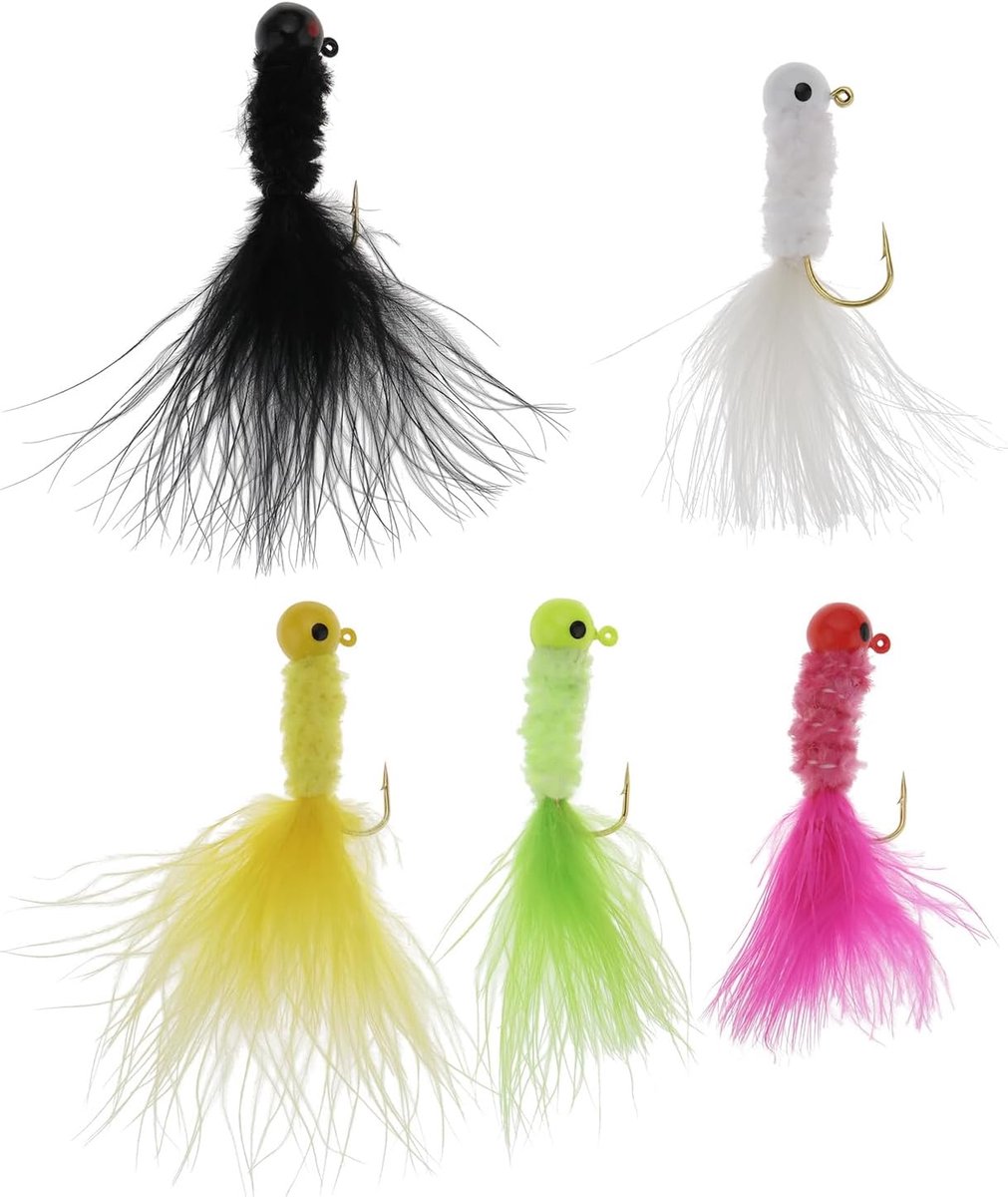 30 stuks veren jig hoofd haak crappie jigs vissen lokken 3,5 g maraboe veer mal geschikt voor crappie panfish baars zonnevis geel zwart wit groen roze