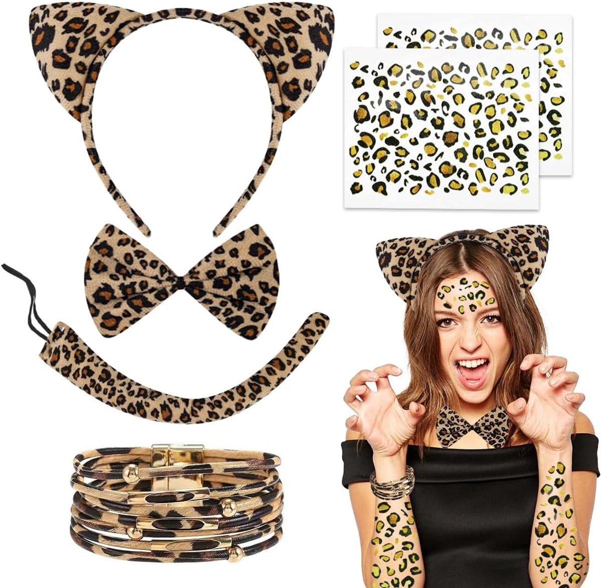 5-delige luipaardkostuumset, luipaardoren, haarband, luipaardhoofdband, vlinderdas, luipaardpatroon, kostuumaccessoires, carnaval, cosplay