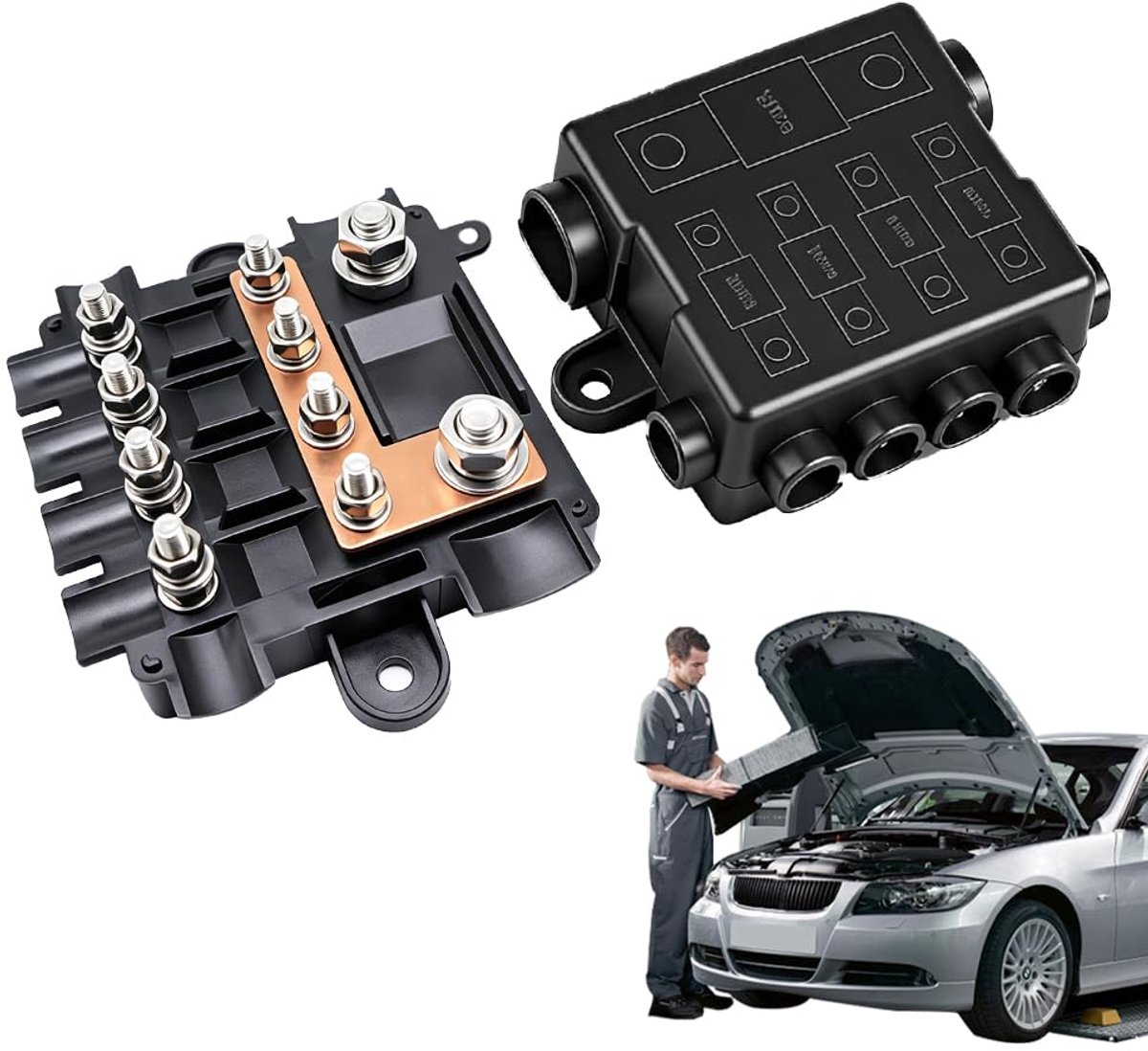 Zekeringhouder voor 1 mega + 4 midi-zekeringen, compacte zekeringkast, polyamide behuizing met afdekking, midi-zekeringhouder voor auto, vrachtwagen, motorfiets en boten