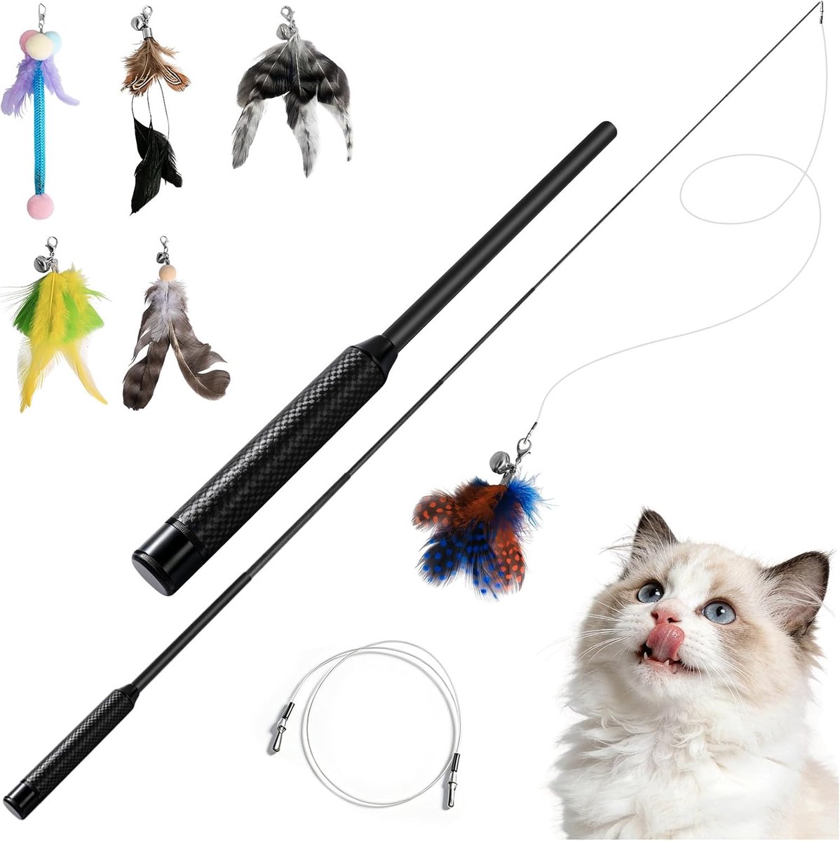 Extra lange kattenhengel (150 cm), interactief kattenspeelgoed met 6 hangers, stabiele kattenhengel van carbon, uittrekbare speelhengel voor katten voor actieve katten, binnen en buiten