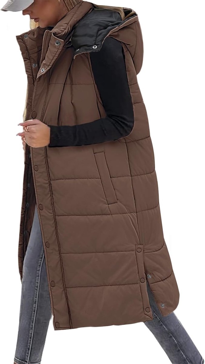 Lang vest voor dames, met capuchon, ritssluiting, gewatteerd vest, donsjack, mouwloos, warm, met zakken