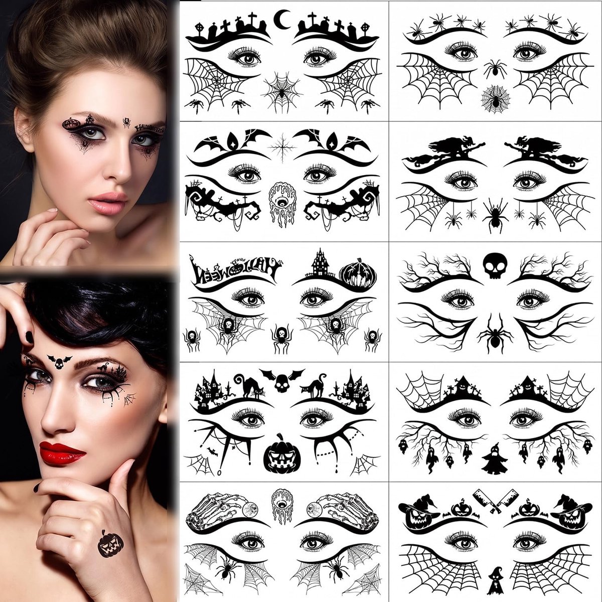 Tijdelijke tatoeages, spinnenweb-gezichtstatoo, tijdelijke Halloween gezichtstatoeage, kostuumaccessoires voor maskerade carnaval party