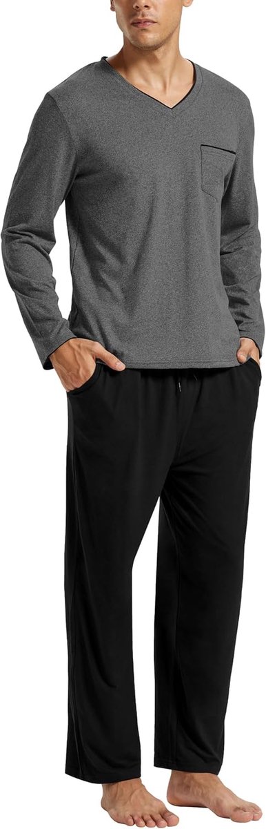 Pyjamaset van bamboe voor heren, 2-delig, top en broek, pyjamabroek met lange mouwen, nachtkleding met zakken