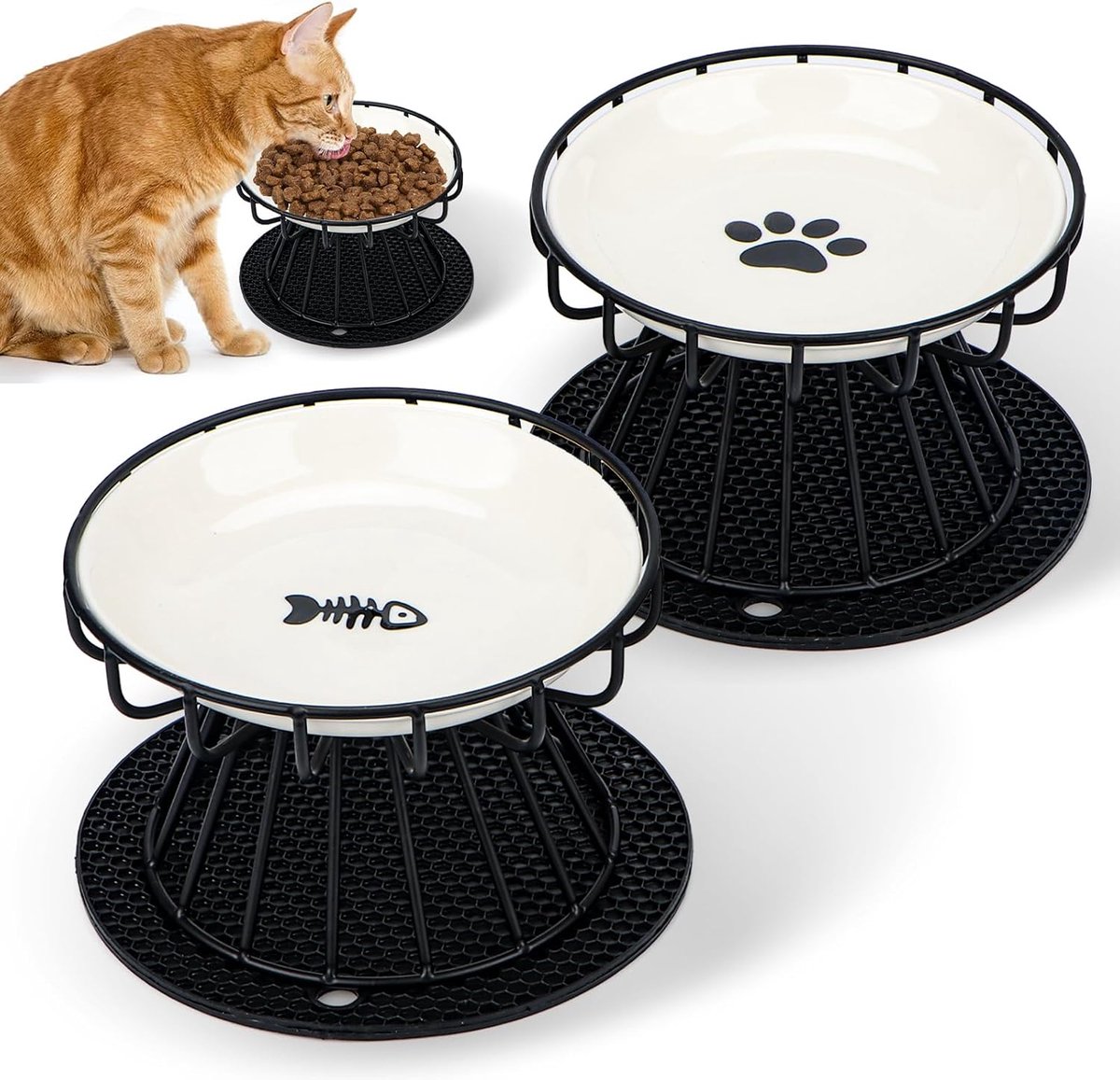 2 stuks verhoogde kattenbakken van keramiek, cervixbescherming, kattenbak met bakonderlegger, siliconen en metalen standaard, verhoogde voerbak, kat, katten, voerbak, hoog, 10 cm, kattenbakken