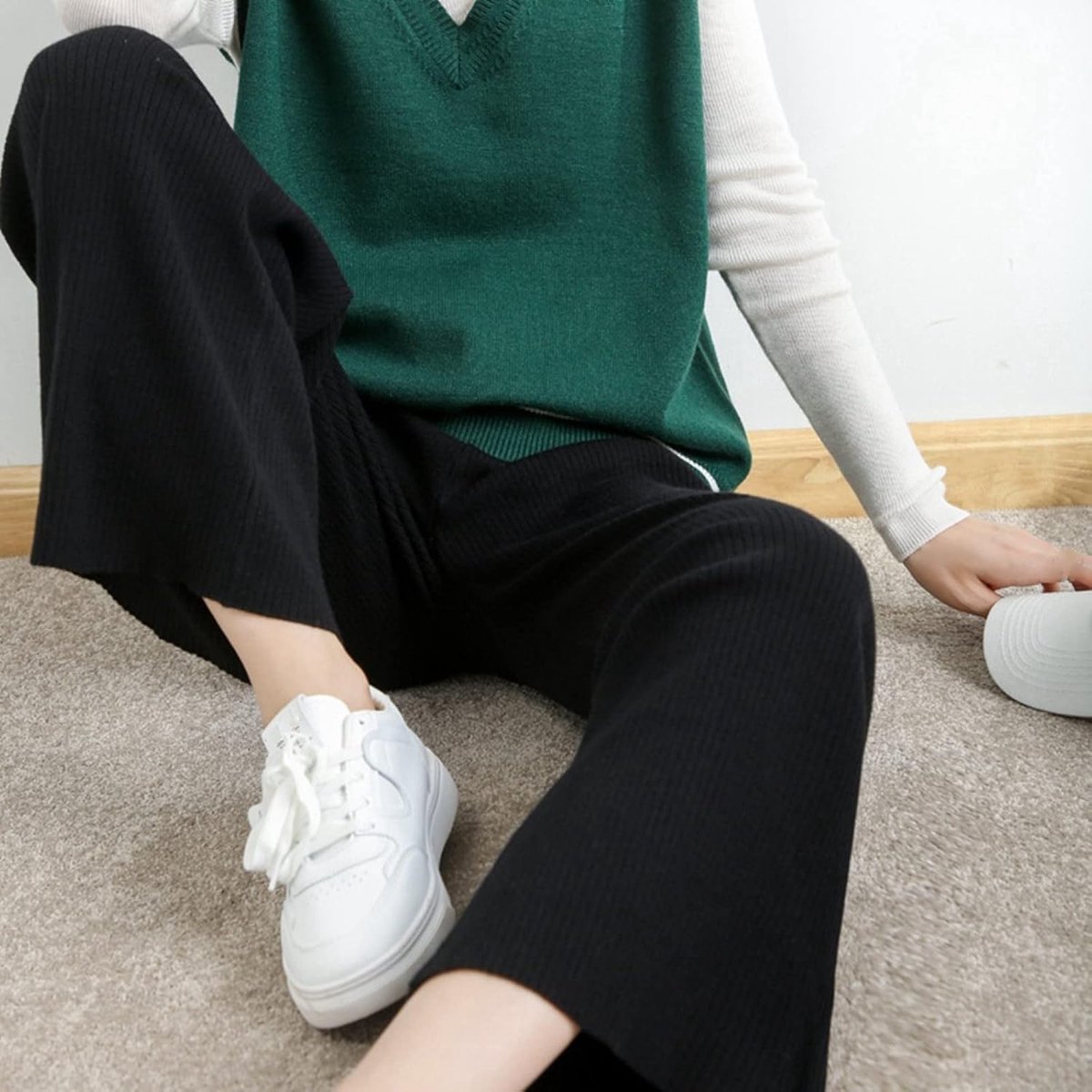 Broeken - Modieus Warm Dames Rechte Pijpen Broeken Stretch Gebreid Zwart Stretch Vintage Hoge Taille Losse Wijde Pijpen Broeken Dames Streetwear Kerstmis Nieuwjaar Geschenken,Bla