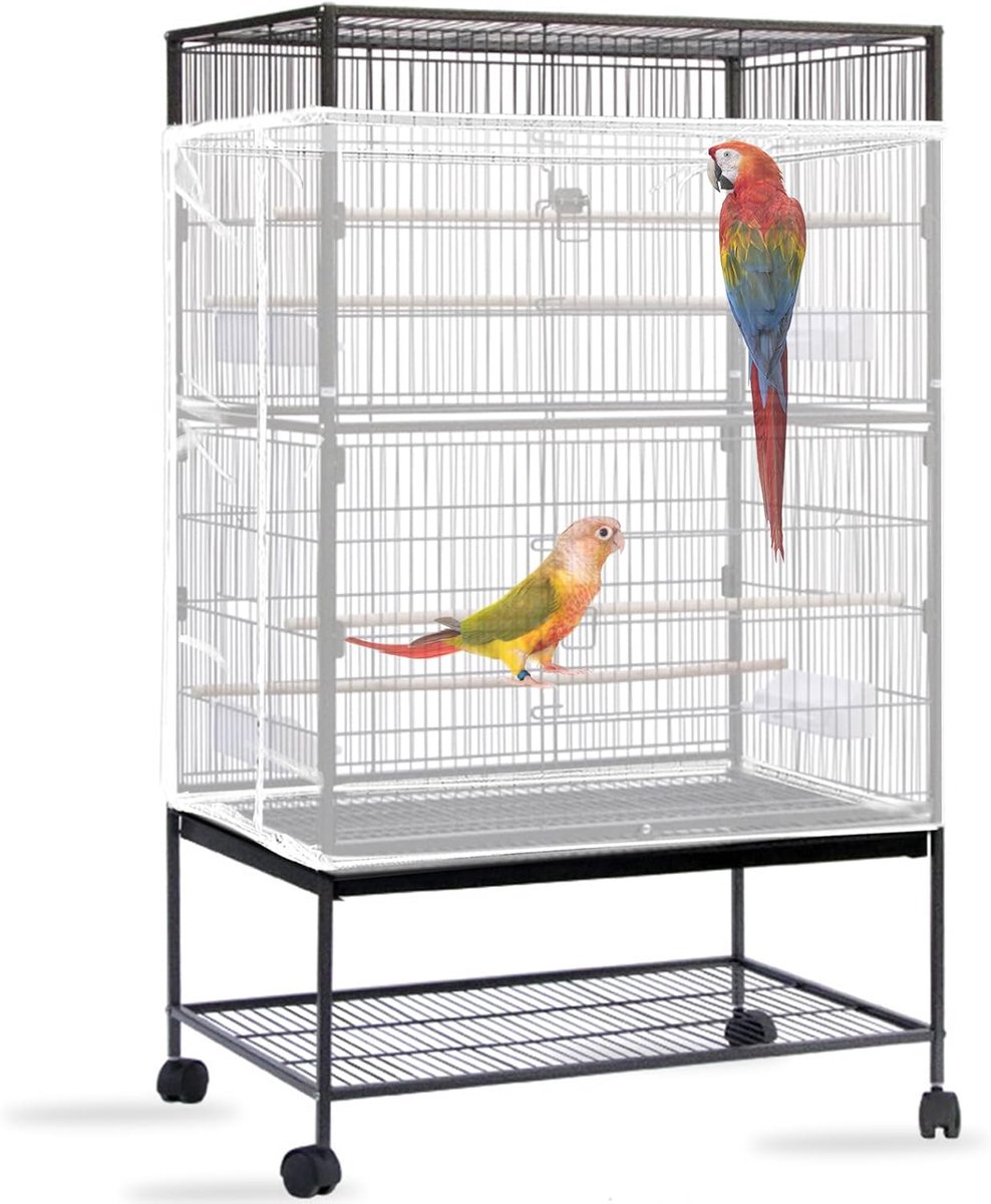 Afdekking voor vogelkooi, net voor vogelkooi, extra groot, zacht, luchtig, voor vogelkooi, instelbare vogelkooi, afdekking, papegaaien, trekkoord, net voor ronde vierkante kooien (wit)