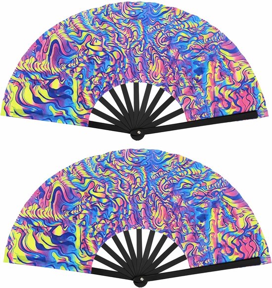 2 stuks UV-gloeiende handwaaiers, fluorescerend golfpatroon, vouwwaaiers, 65 x 34 cm, rave-waaiers, groot, festivalaccessoires, waaiers, festival voor dans, muziekfestival, EDM, disco, jongens
