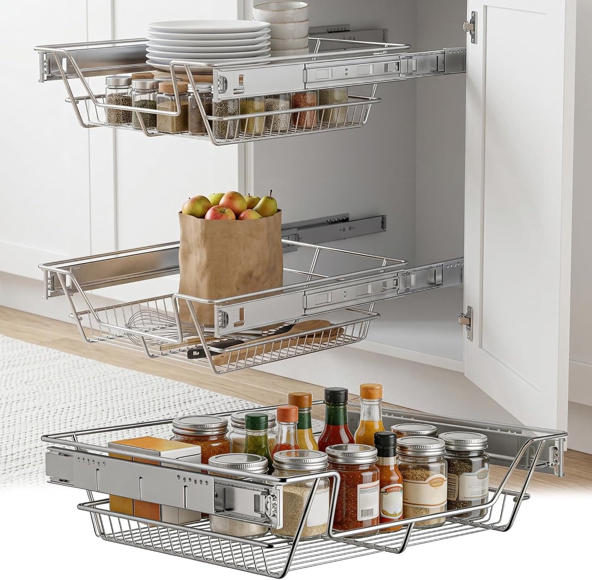 2-delige keukenlade voor keukenkast van 60 cm (buitenbreedte), met rails, volledig uittrekbare lade, ideaal als slaapkamerlade, kastorganizer voor keuken, badkamer en woonkamer, zilver
