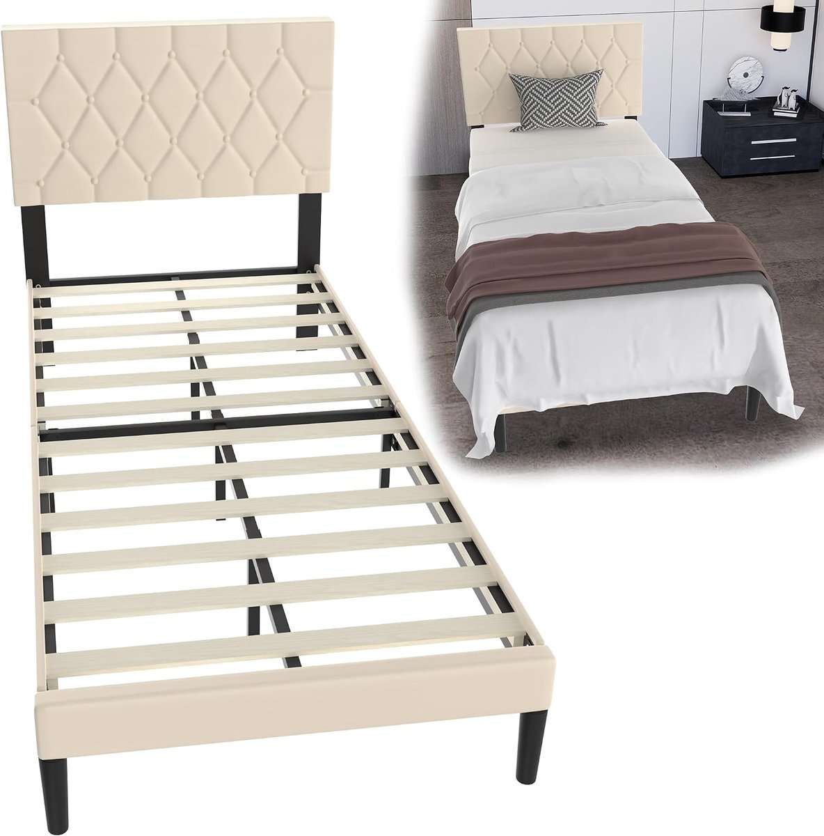Bed, bedframe met hoofdeinde van leer en lattenbodem, eenpersoonsbed, tweepersoonsbed, eenvoudige montage met installatiegereedschap, bedframe tot 300 kg, beige, 90 x 200 cm