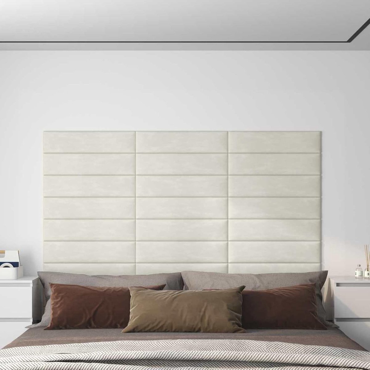 Hoofdeinde voor slaapkamer crème 12 stuks, rechthoekig velours hoofdbord van houtmaterialen, modern design voor wandmontage