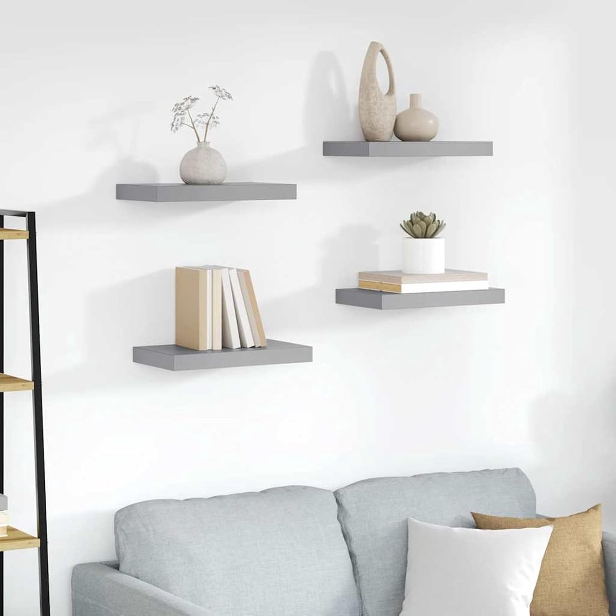 Wandrek, wandplank, mesole voor de muur, modern design, wandplankset, wandplanken, plank voor kinderkamer, 4 stuks, grijs, 23 x 23,5 x 3,8 cm, van MDF