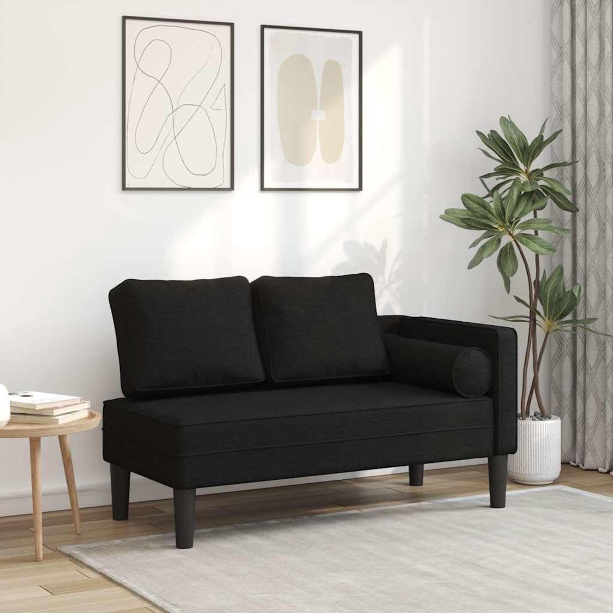 Zwarte stoffen ligstoel met kussen voor woonkamer, slaapkamer, ontspanning, 116,5 x 62 x 57,5 cm