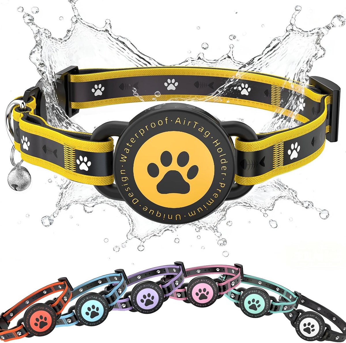 Kattenhalsband voor AirTag met Veiligheidssluiting, Reflecterend Halsband met AirTag-houder en Bel, Comfortabel Gevoerd, Verstelbaar en Waterdicht Voor Katjes (Geel, 9.3"-13")
