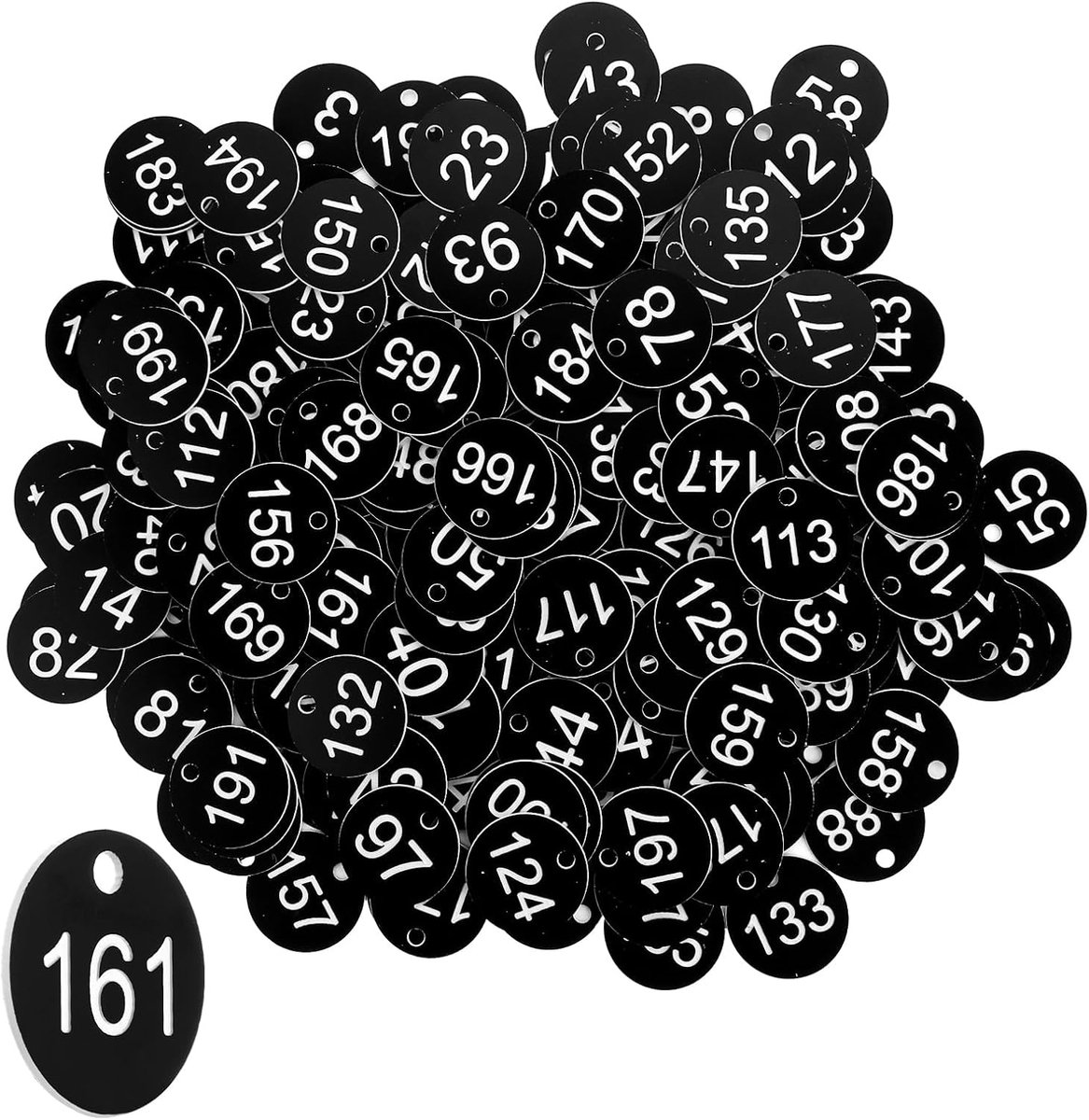 200 stuks zwarte ronde nummerborden, gegraveerde nummerborden, 1-200 genummerde hangers, nummerborden, ID van kunststof, honingraatetiketten met gaten, ID-hangers, zonder sleutelringen