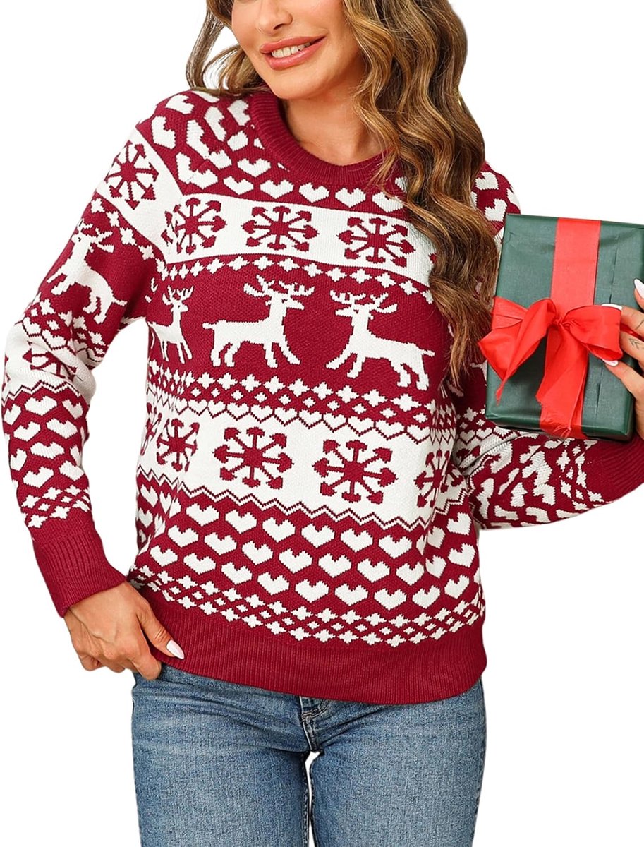 Kersttrui voor dames, gebreide wintertrui, met rendier-Kerstmis, ronde hals, sneeuwvlokken, kersttop