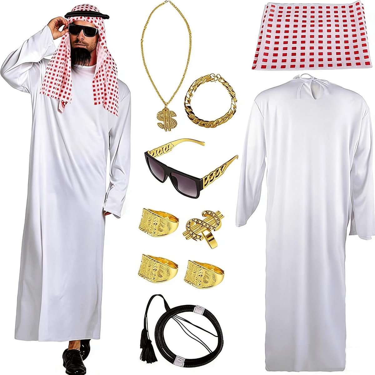 Sjeikkostuum voor heren, sjeik Arabisch wit gewaad met hoofddoek, Sultan, carnavalskostuums Dubai plank Suit, vingerring, halskettingen, zonnebrillen voor feest, cosplay (L)