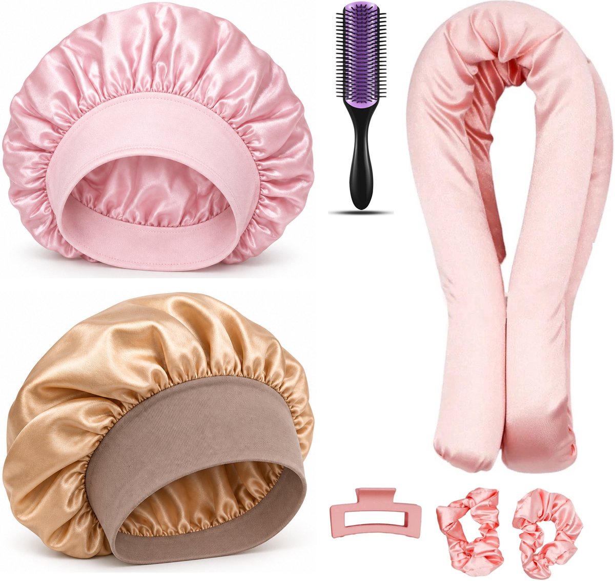 Professor Q Heatless Curls Set - Heatless Curlset met 2 Elastiekjes en Klem - Bonnet Roze - Bonnet Goud - Purple Black Borstel