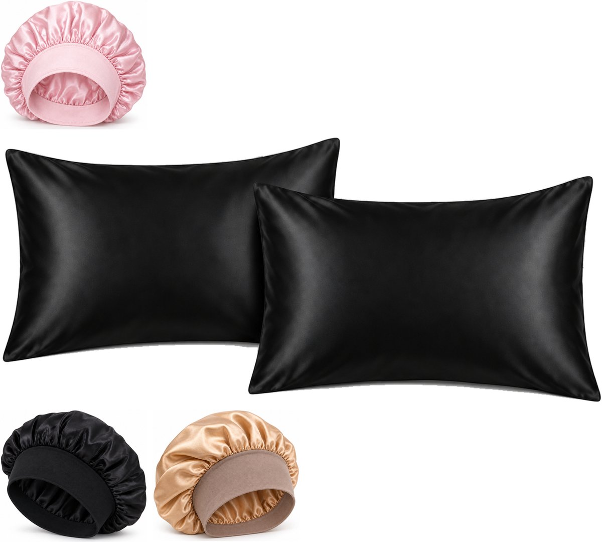 Professor Q Haar- en Slaapset - 2 Kussenslopen Zwart 60 x 70 cm - Bonnet Roze - Bonnet Zwart - Bonnet Goud