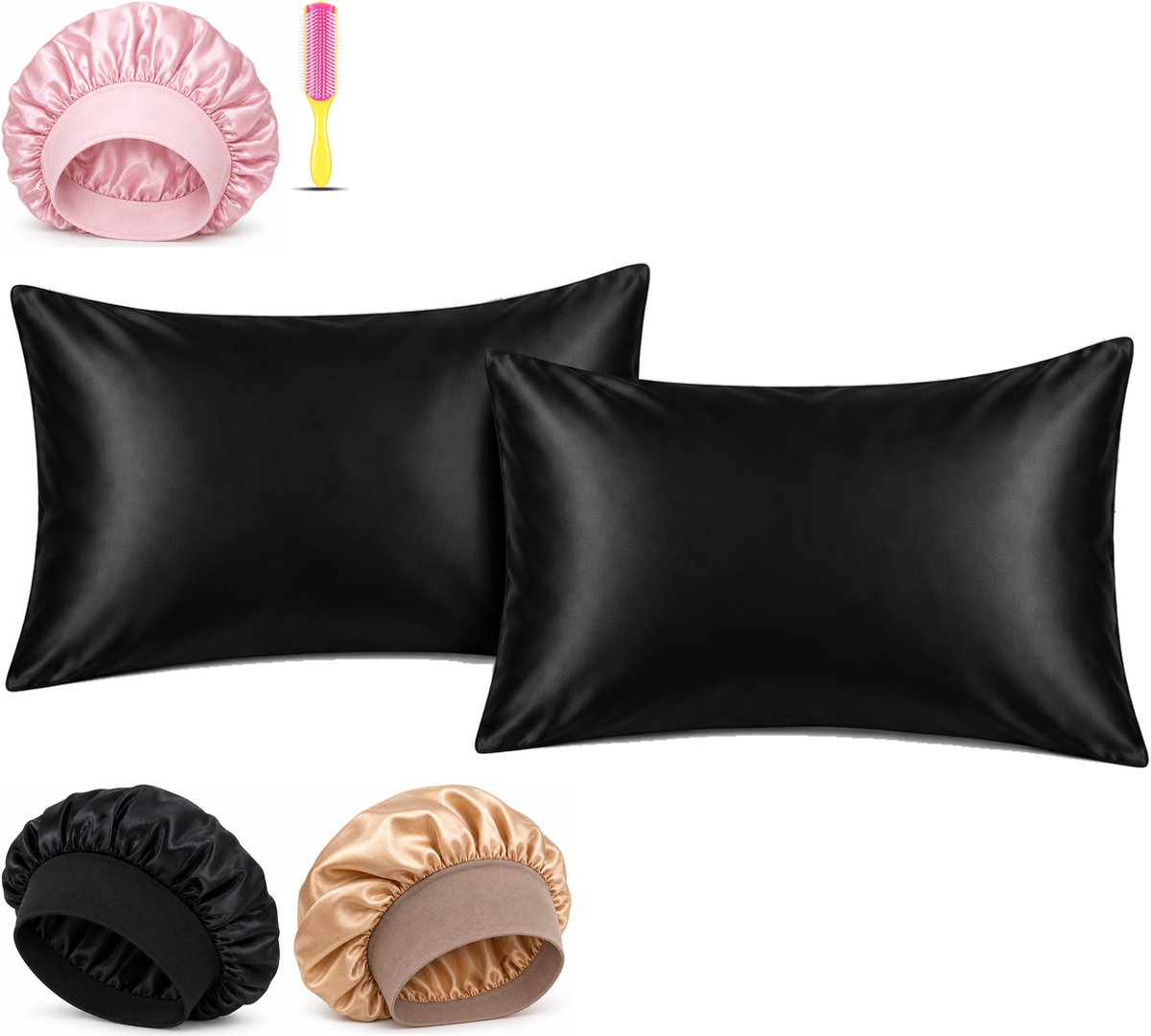 Professor Q Haar- en Slaapset - 2 Kussenslopen Zwart 60 x 70 cm - Bonnet Roze - Bonnet Zwart - Bonnet Goud - Fusion Pink Borstel