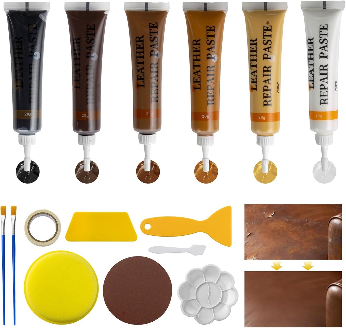 Reparatieset voor vloeibaar leer, mengbaar, 6 kleuren, testwinnaar