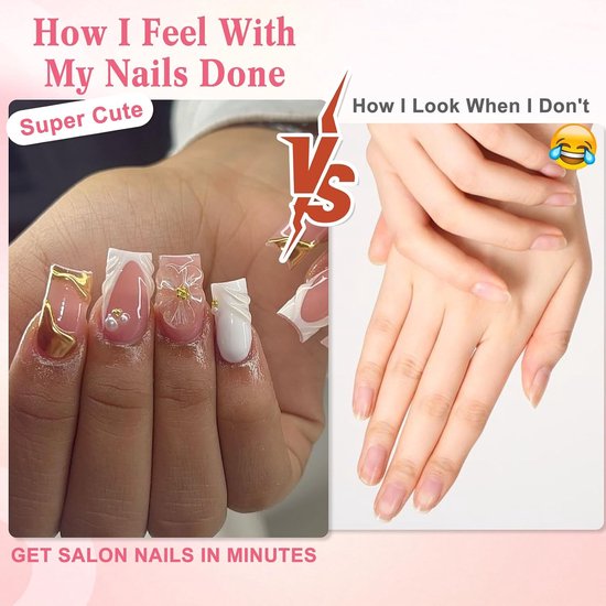24 stuks handgemaakte nagels om op te plakken, vierkante French press on nails, wit roze, kunstnagels met 3D-bloemenparels, acryl, volledige dekking, vingernagels om op te plakken, voor vrouwen — afbeelding 4