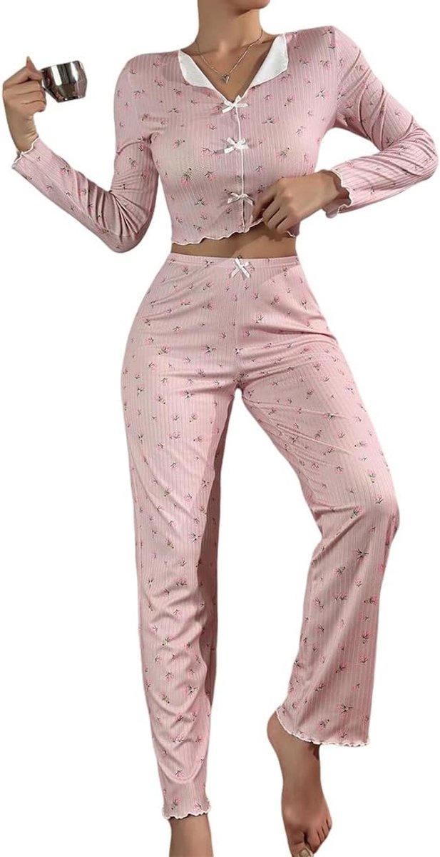 Winterpyjama voor dames van polyester, lange mouwen, 2-delige set voor dames, lange mouwen, voor de winter, bovendeel en broek, zachte nachtkleding