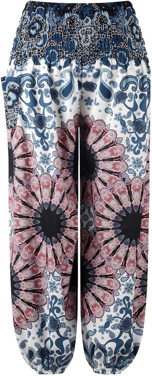 Lange hippiebroek voor meisjes, hippiebroek, bloemenpatroon, harembroek, Aladdinbroek, kinderharembroek, zomerbroek met zakken, maat 98-140, donkerblauw, 116-128