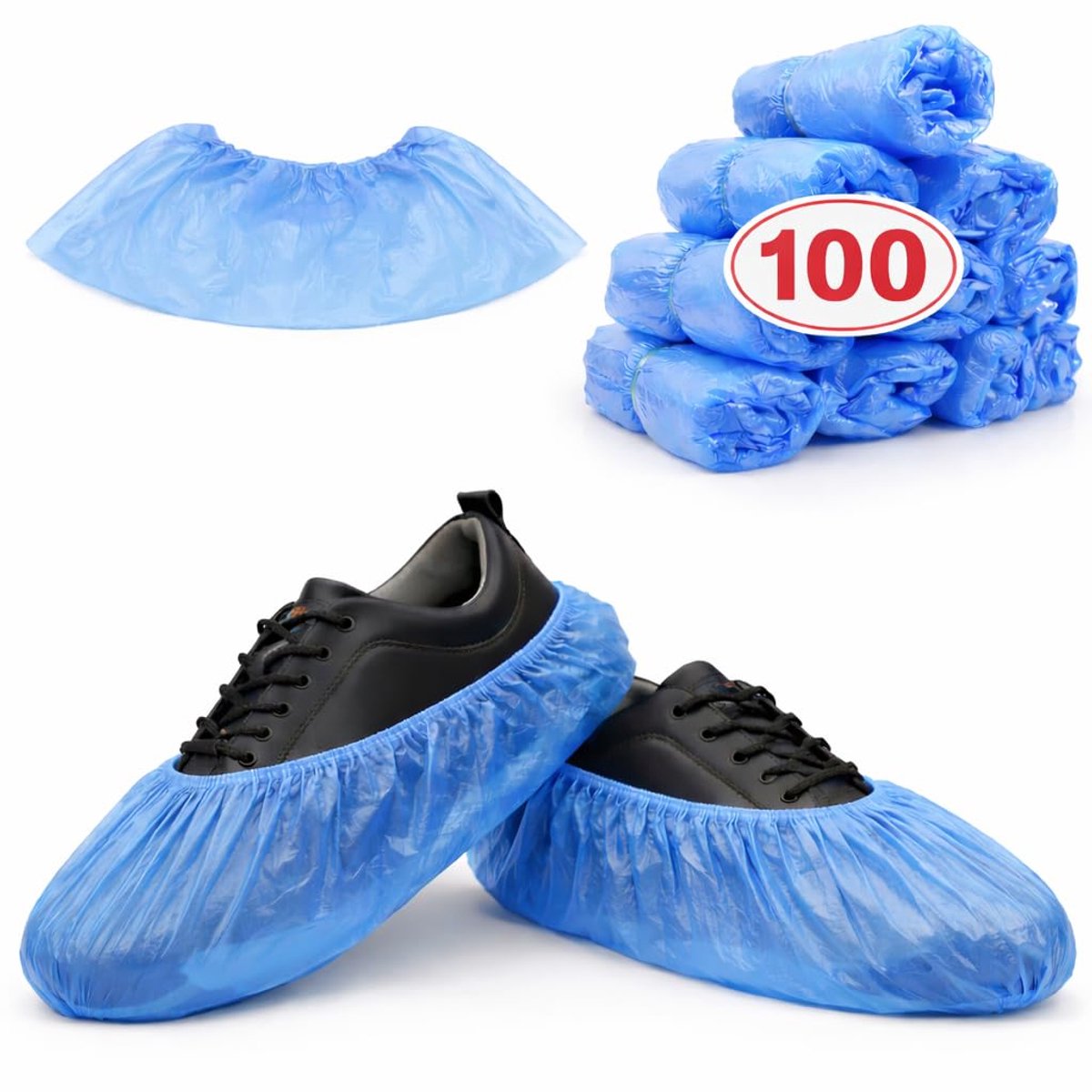 Schoenovertrek, HDPE-overschoenen, schoenovertrek, wegwerpoverschoenen voor schoenen, overschoenen, overtrekken, waterdicht, stofdicht, blauw (100, 40 x 15 cm)