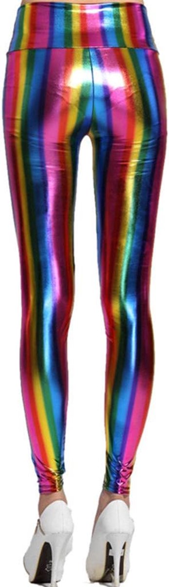 Leggings Pailletten Neon Panty Strepen Gedrukt Hoge Taille Yoga Broek Kunstleer Party Clubwear Kleurrijke Regenboog