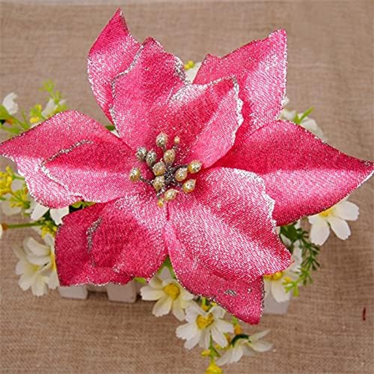 Kunstkerstboom 10 stks Glitter Kunstbloemen Kerstboom Decoratie Merry Christmas Ornamenten Kerstversiering for thuis (Color : 13cm Rose Red, Grootte : 10pcs)