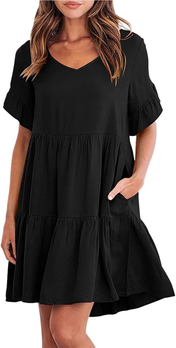 Zomerjurk voor dames, casual, V-hals, gelaagd, zoom met ruches, zakken, A-lijn, mini-swing-strandjurk met korte mouwen