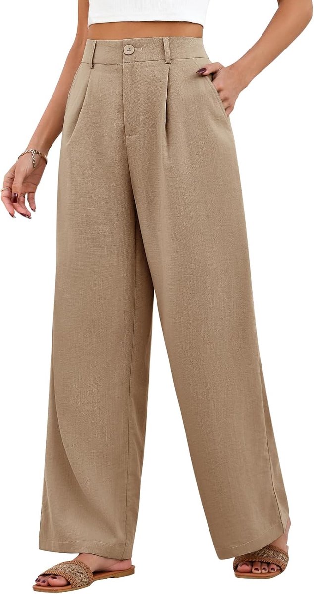 Zomer, hoge taille, wijde pijpen, damesbroek, lichtgewicht, elegant, losse palazzobroek met zakken, casual bodems