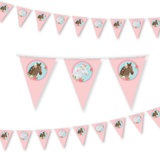 Roze vlaggenlijn met cirkels van paarden en bloemen, voor een paardenfeestje.