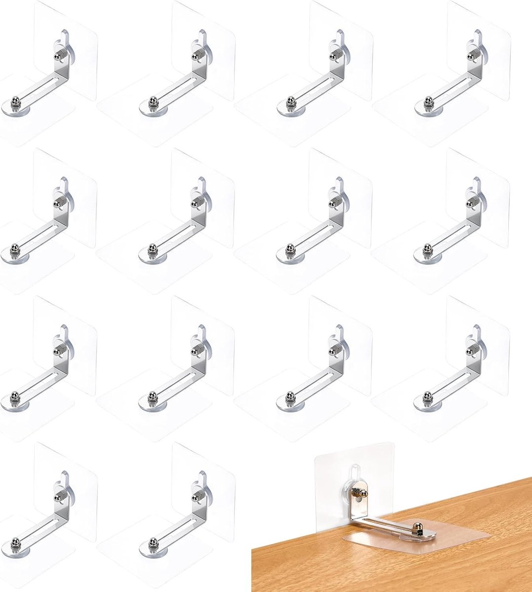 14 Pairs Meubelbeveiliging Set voor Wandmontage zonder Boren - L-vormige Bevestiging voor Kasten en Planken met Zelfklevende Straps