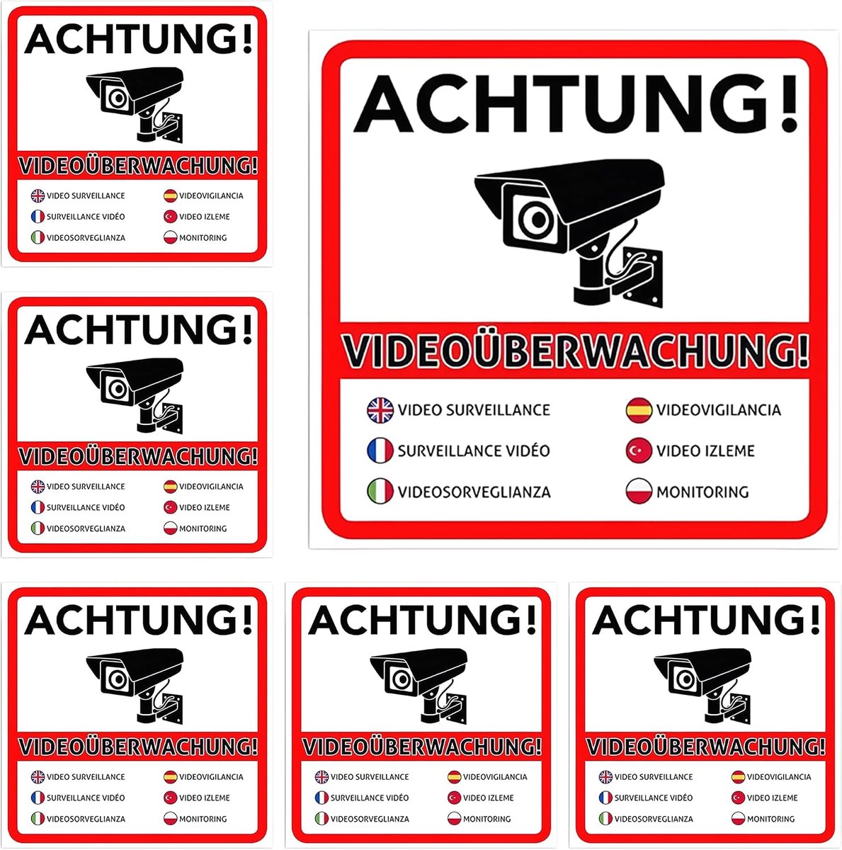 6 stuks, meertalig (10 x 10 cm), videobewaking, stickers voor meer veiligheid, bewaking voor binnen en buiten (rood)