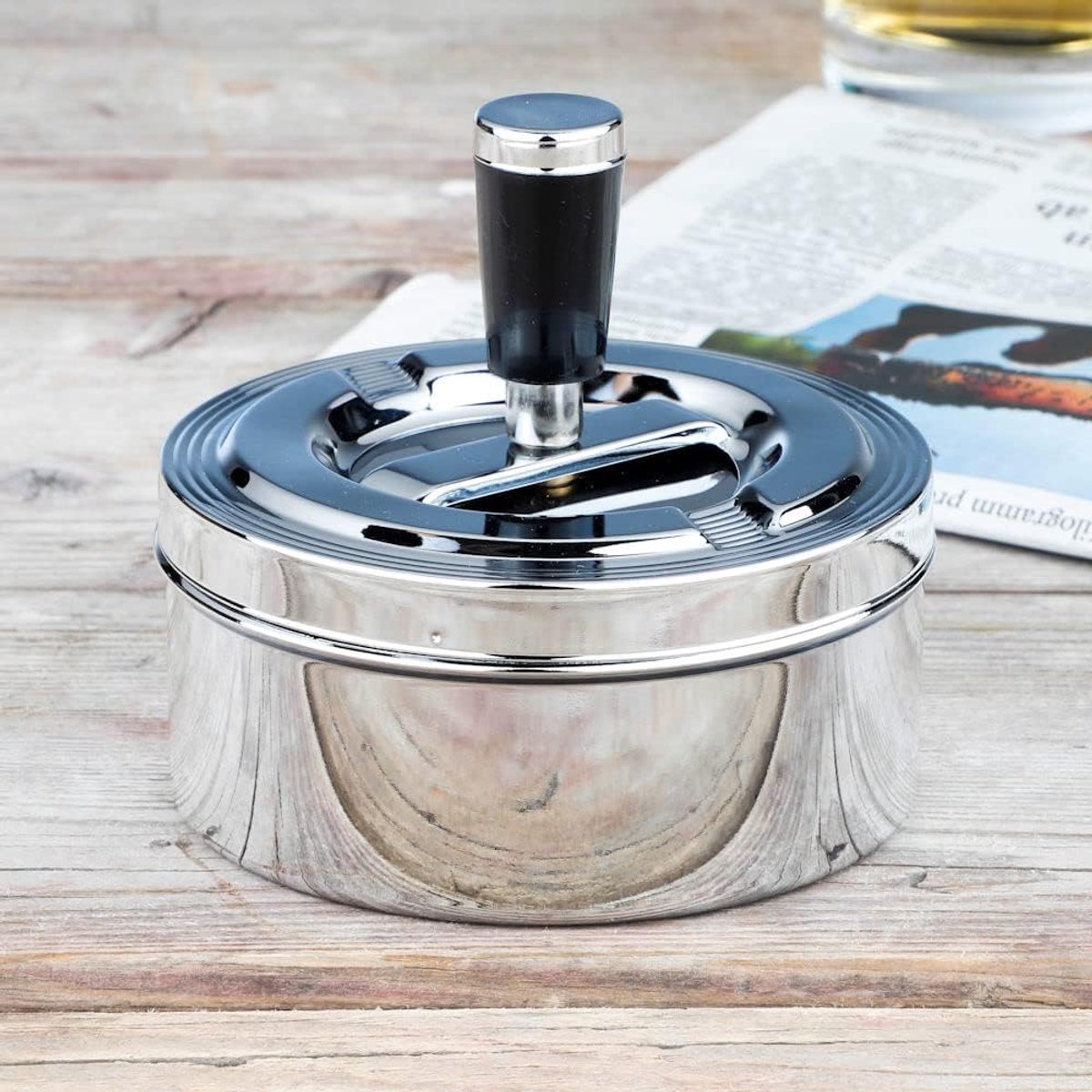 Ronde Druk Tafel Asbak - Druk draai Asbak Voor Binnen - Rond Ø 11cm - Draaiasbak - Tafelasbak Metaal - 11 x 11 x 10 Cm.