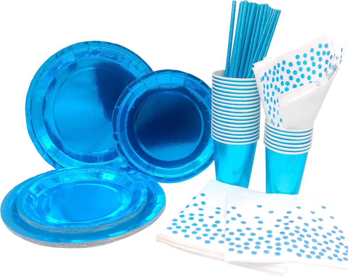 Papieren serviesset, 99 stuks, bevat borden, bekers, servetten, rietjes, geschikt voor babyshower, jongens, verjaardag, jubilea (25 gasten)