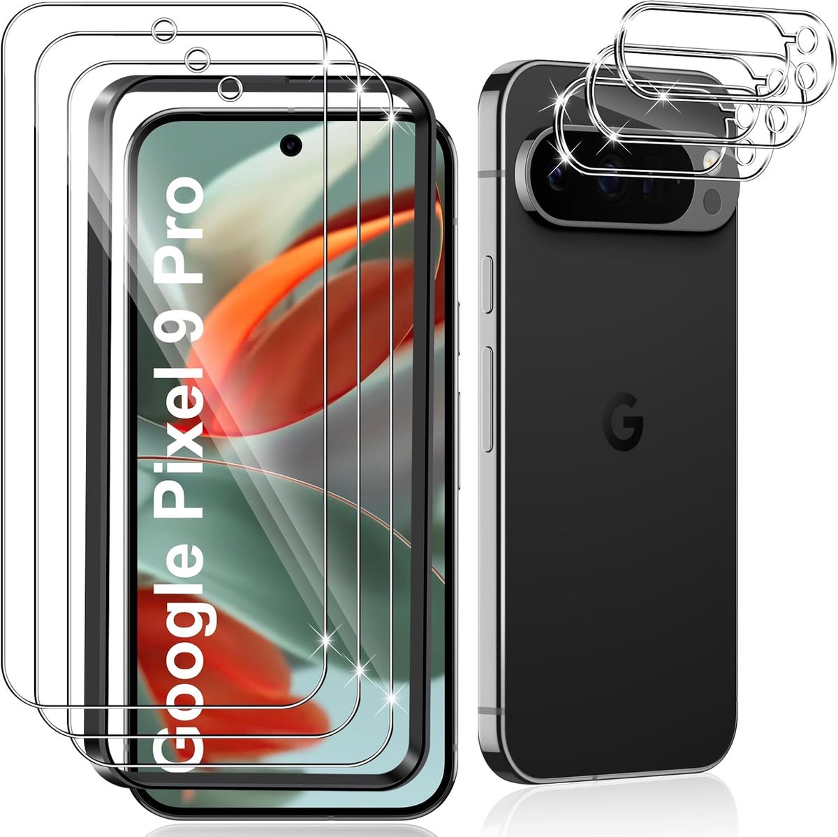 3 stuks pantserglas voor Google Pixel 9 Pro en 3 stuks camerabescherming, 9H hardheid gehard glas, anti-kras folie, luchtbelvrije beschermfolie, HD displaybeschermfolie