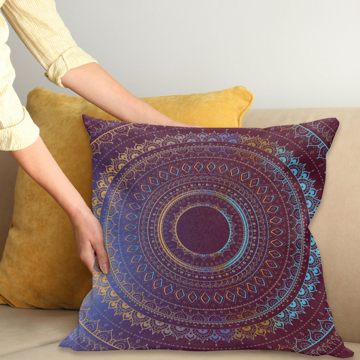 ABAKUHAUS Mandala Sierkussenhoes, Boho Stijl van Cosmos Bloemen Ombre Details, Decoratieve Vierkante Sierkussenhoes, 45 x 45 cm, Lucht Blauw