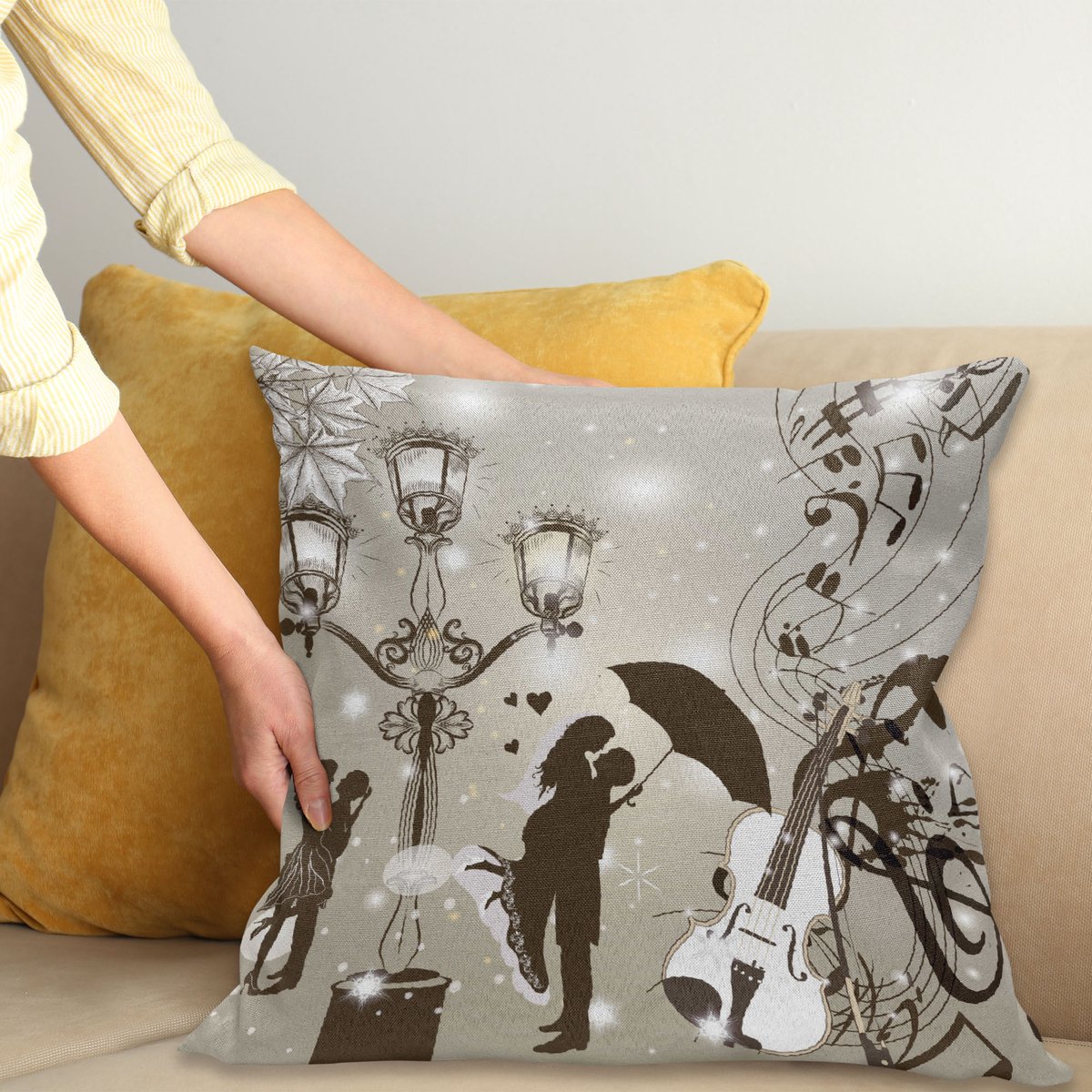 ABAKUHAUS Romantisch Sierkussenhoes, Kissing Couples op Street Violin Muziek Noten Liefde Thema Grafisch Ontwerp, Decoratieve Vierkante Sierkussenhoes, 100 x 100 cm, Donker Taupe en Dust