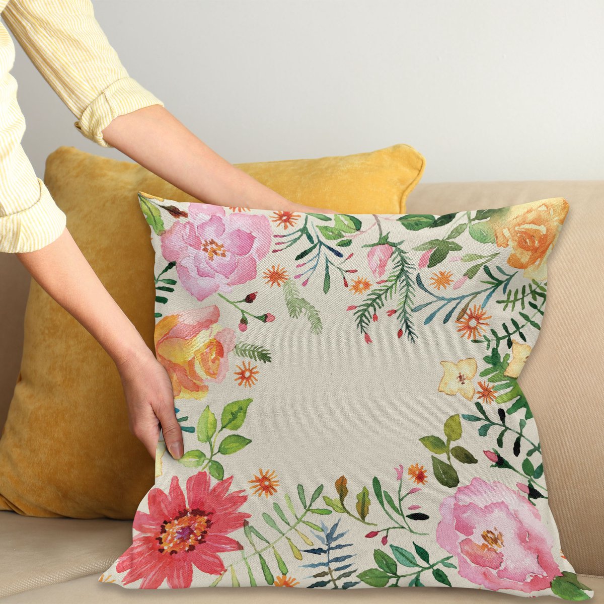 ABAKUHAUS Zomer Sierkussenhoes, Zomer Geïnspireerd Ornamenteel Pastel Mix Types van Bloemen Watercolors Illustratie, Decoratieve Vierkante Sierkussenhoes, 60 x 60 cm, Crème Roze
