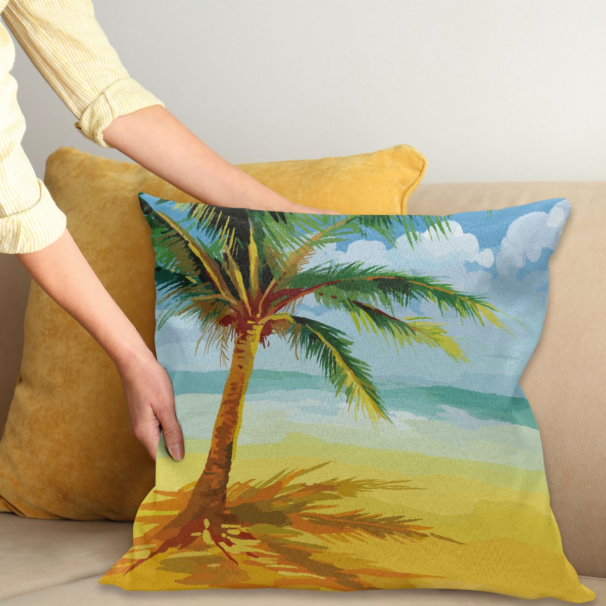 ABAKUHAUS Tropisch Sierkussenhoes, Coconut Palm Boom Takken op de Strand Exotisch Natuur Print, Decoratieve Vierkante Sierkussenhoes, 60 x 60 cm, Geel Lucht