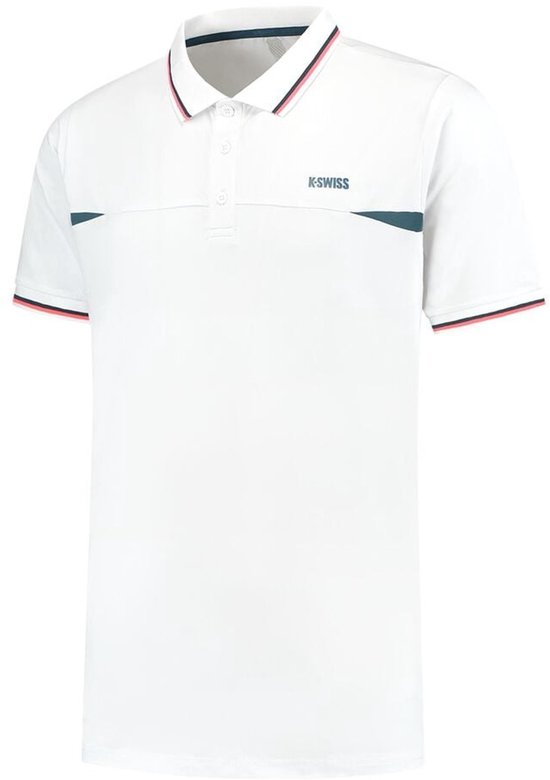 Polo K-Swiss blanc avec passepoil contrastant sur le col et les manches. Le logo K-Swiss est présent sur la poitrine.