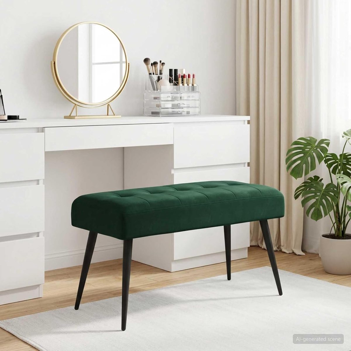 Fluwelen bank met knoopsluiting, gevoerde zitbank met rugleuning in donkergroen, 80 x 40 x 46 cm voor woonkamer, slaapkamer en hal als stijlvolle opbergruimte
