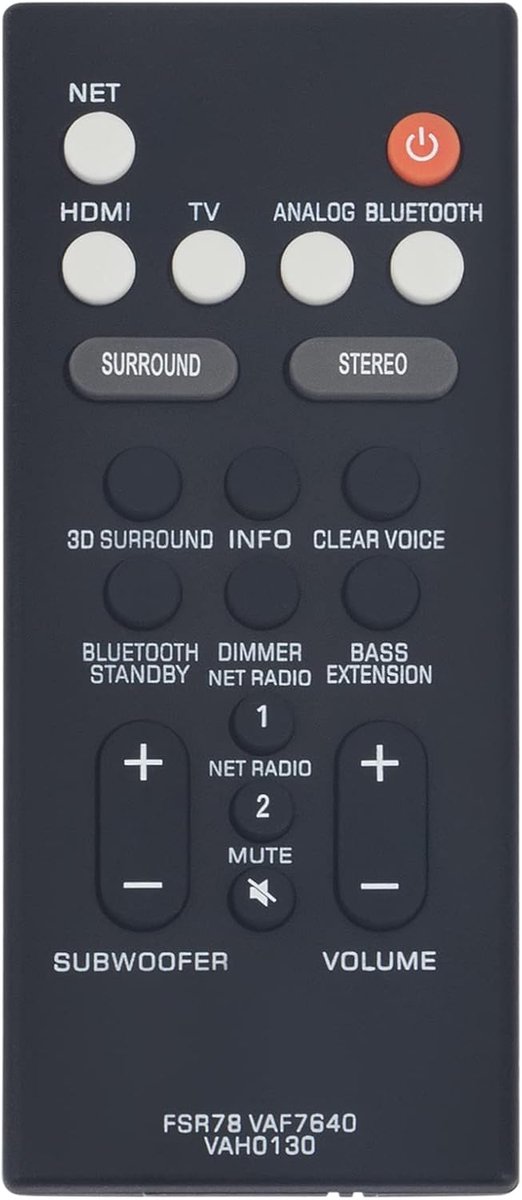 VAF7640-VAH0130 Vervangen Afstandsbediening Toepasselijk Voor Yamaha Soundbar NS-WSW42 BAR-400 YAS-106 ATS-1060 YAS-107 ATS-1070 YAS-207 ATS-2070 YAS-CU207