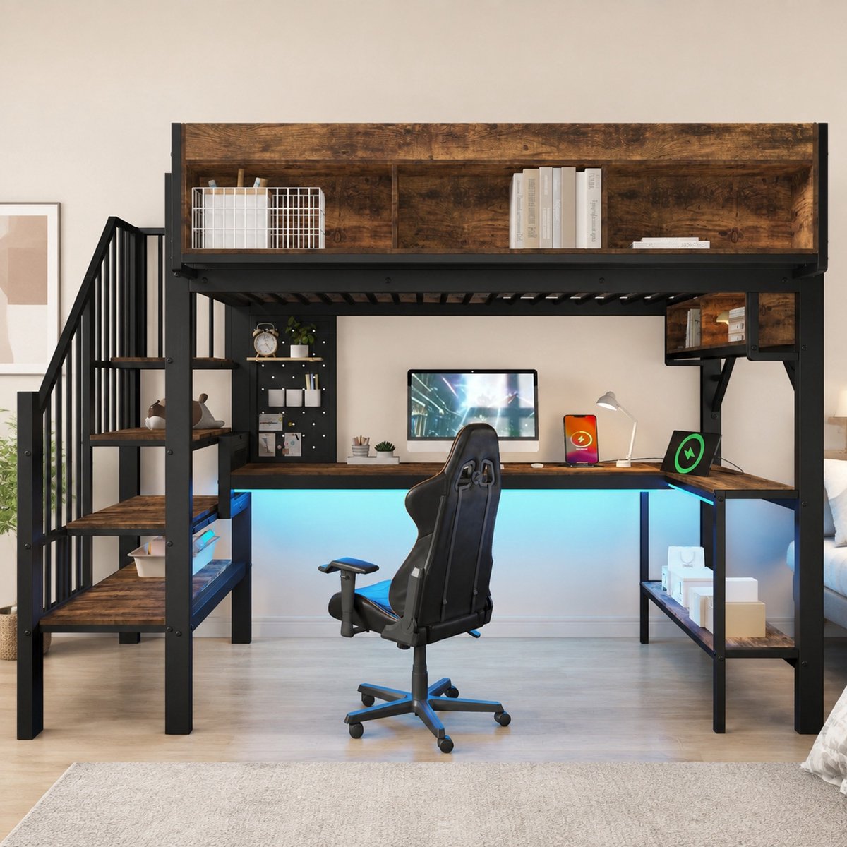 WUVRIE Hoogslaper 90x200 cm met hoekbureau, opbergruimte, LED, USB en Type-C, vintage bruin-zwart Zwart en vintagebruin
