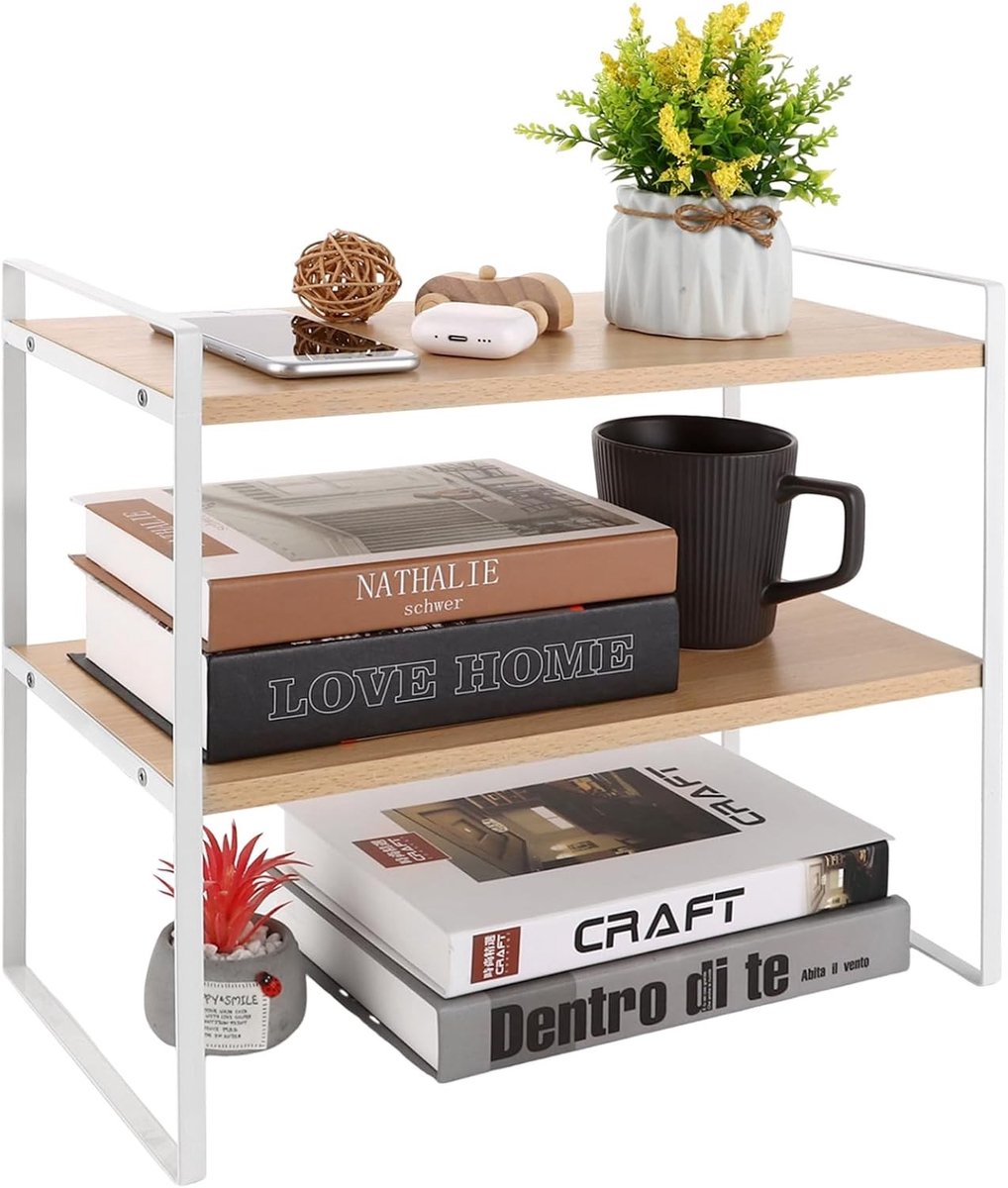 Houten Desk Organizer met Twee Verdiepingen voor Kantoorbenodigdheden en Keukenaccessoires - 40 x 20 x 36 cm